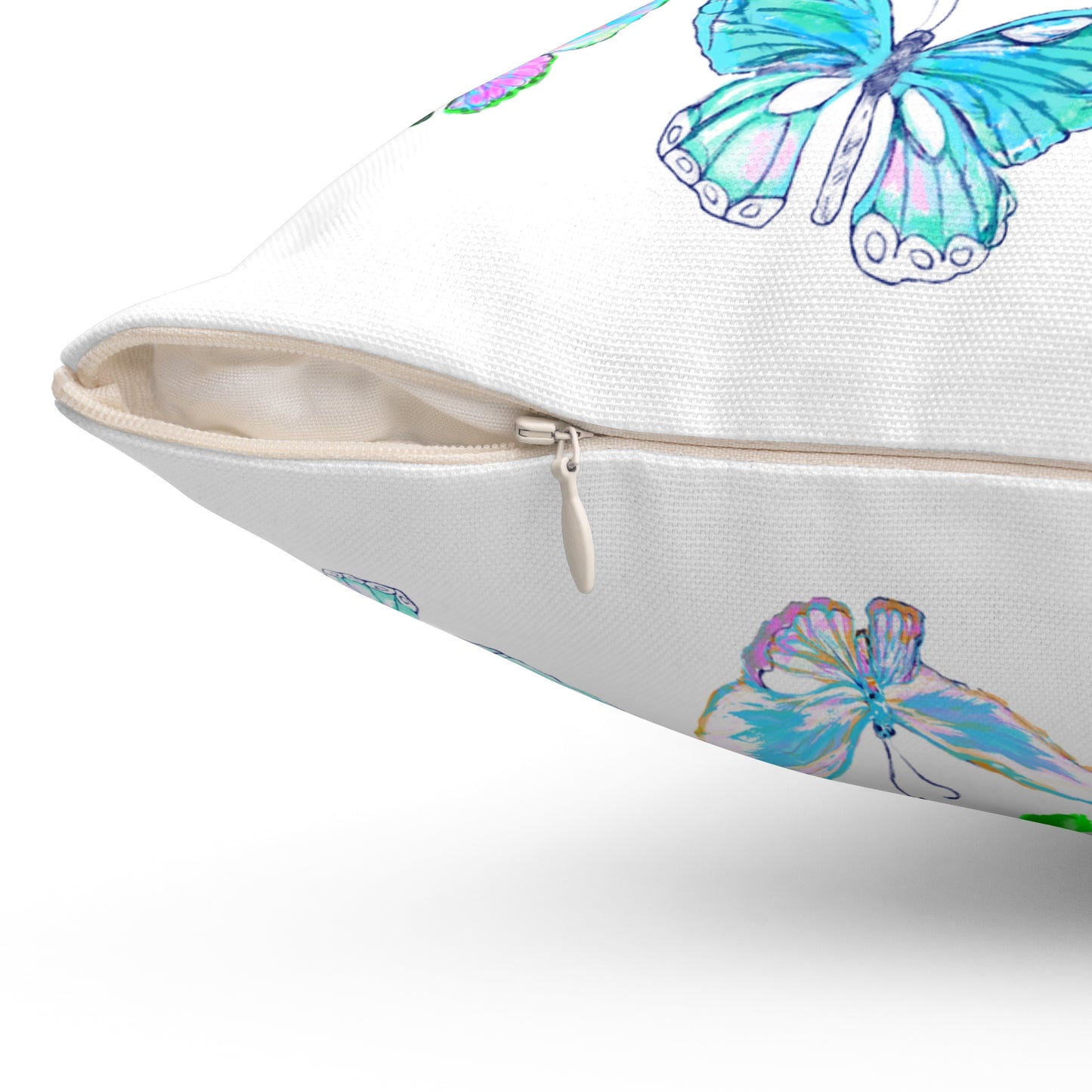 Dancing Tulips Butterflies Spun Polyester Square Pillow. Multi-Color Butterflies,  Raspberry Tulip