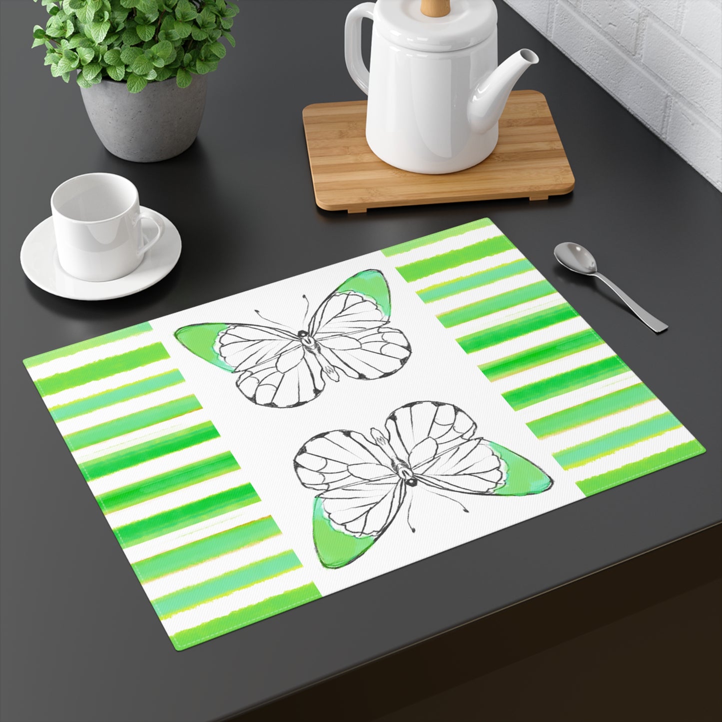 Butterfly Chroma Stripe Placemat, 1pc, Darker Green, Cotton, (Fabric Background Creamy White)