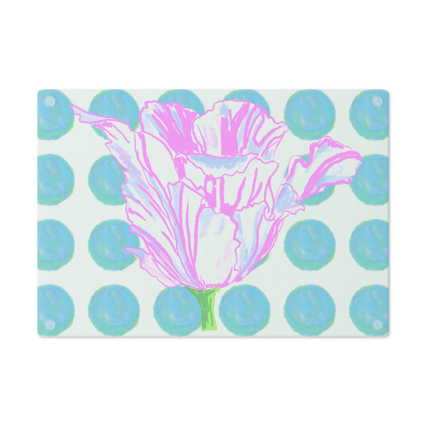 Dancing Tulips Cutting Board, Aqua Polka Dots
