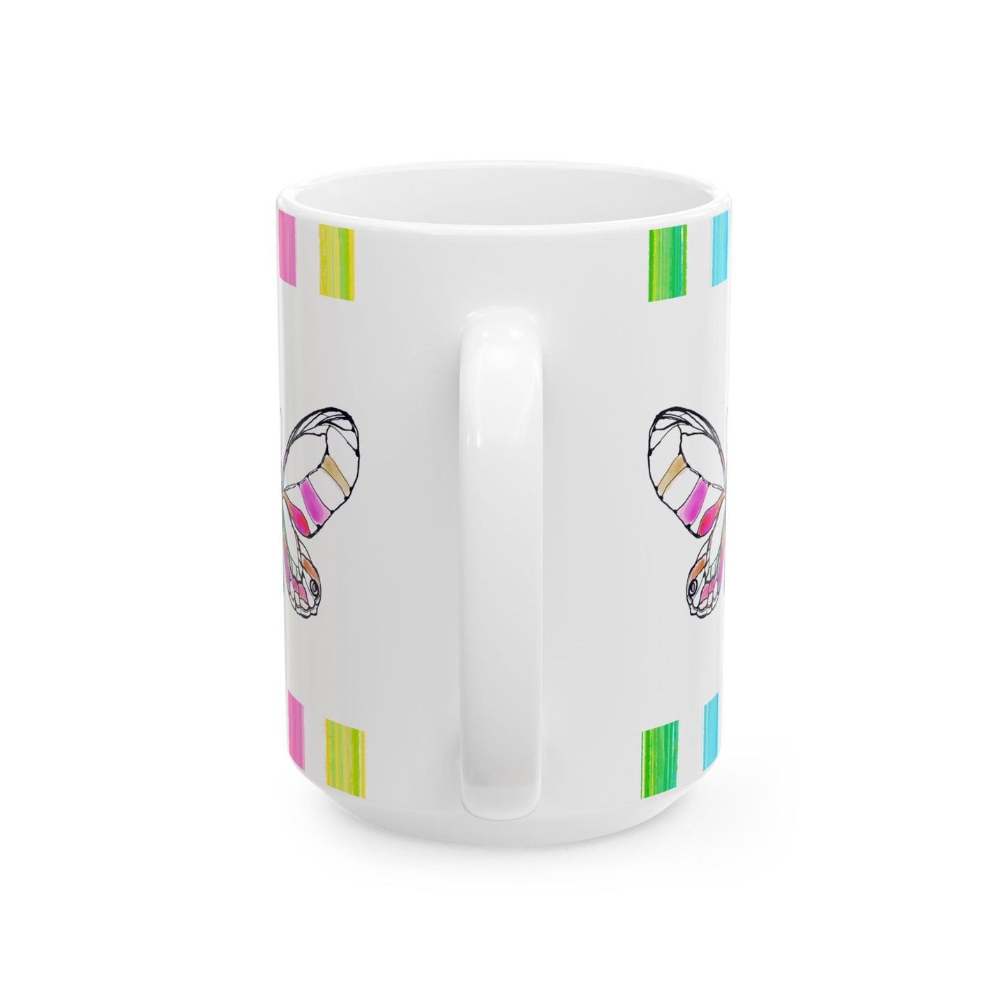 Butterfly Rainbow Stripe Ceramic Mug in Pink with Multi-color Striped Border, (Available in 2 sizes 11oz and 15oz)