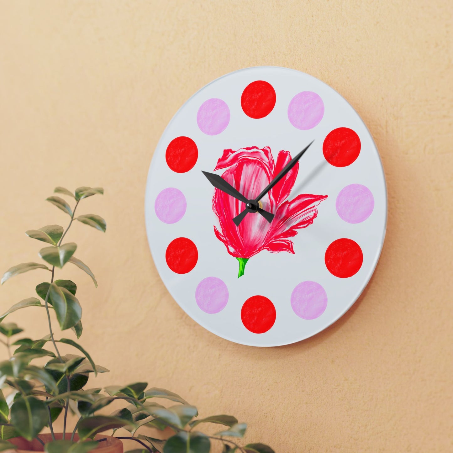 Tulip Love, Acrylic Wall Clock, Pink and Red polka dots Red tulip
