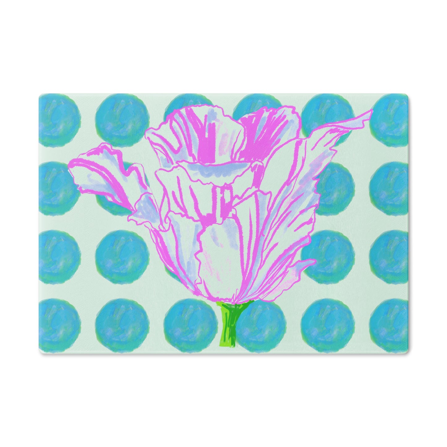 Dancing Tulips Cutting Board, Aqua Polka Dots