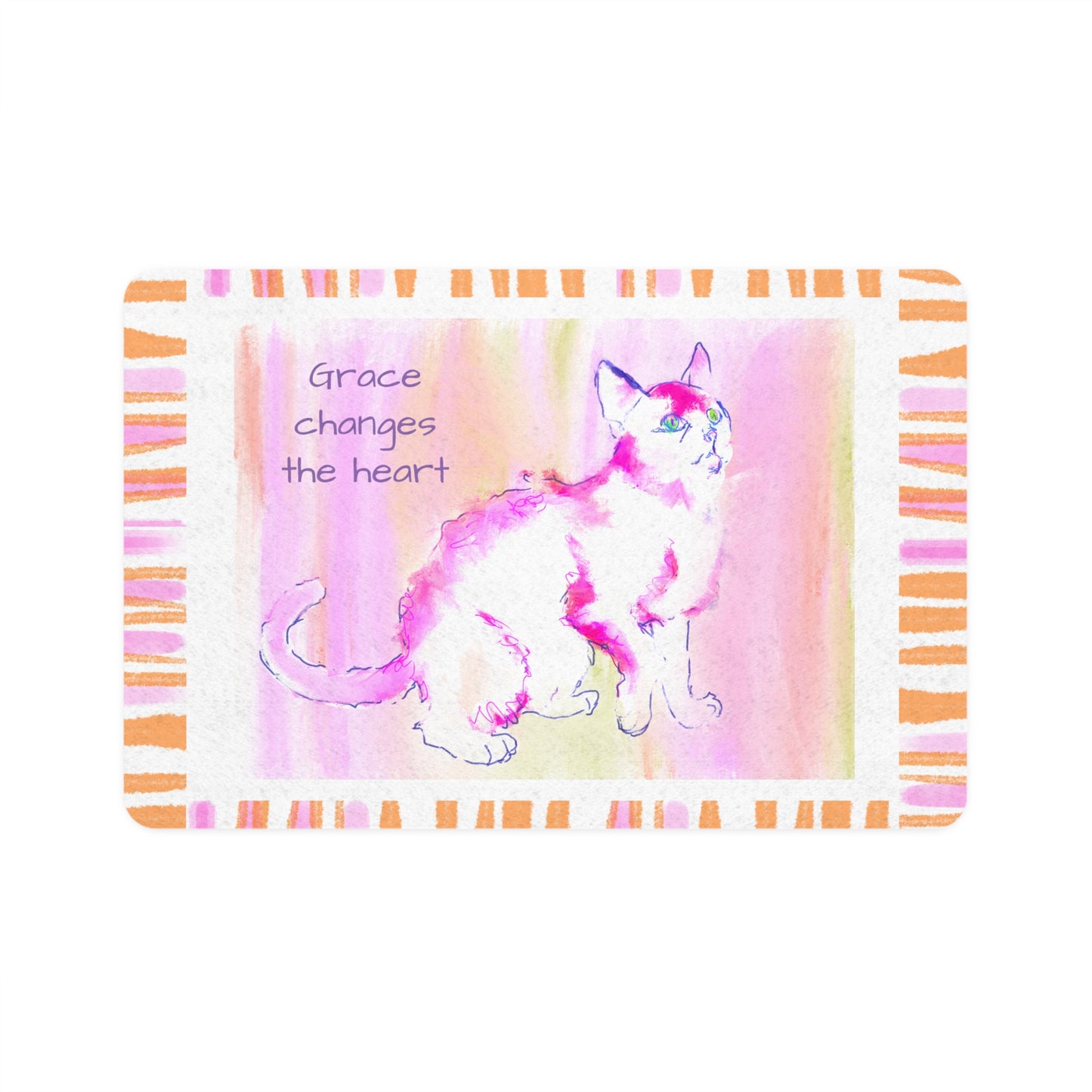 Kitty Fun and Wisdom Pet Food Mat in Pink, "Grace changes the heart"