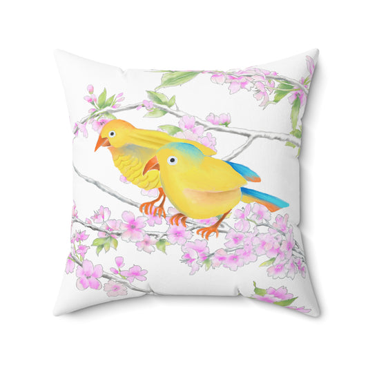 Cherry Chirp Spun Polyester Square Pillow Yellow, Blue Birds