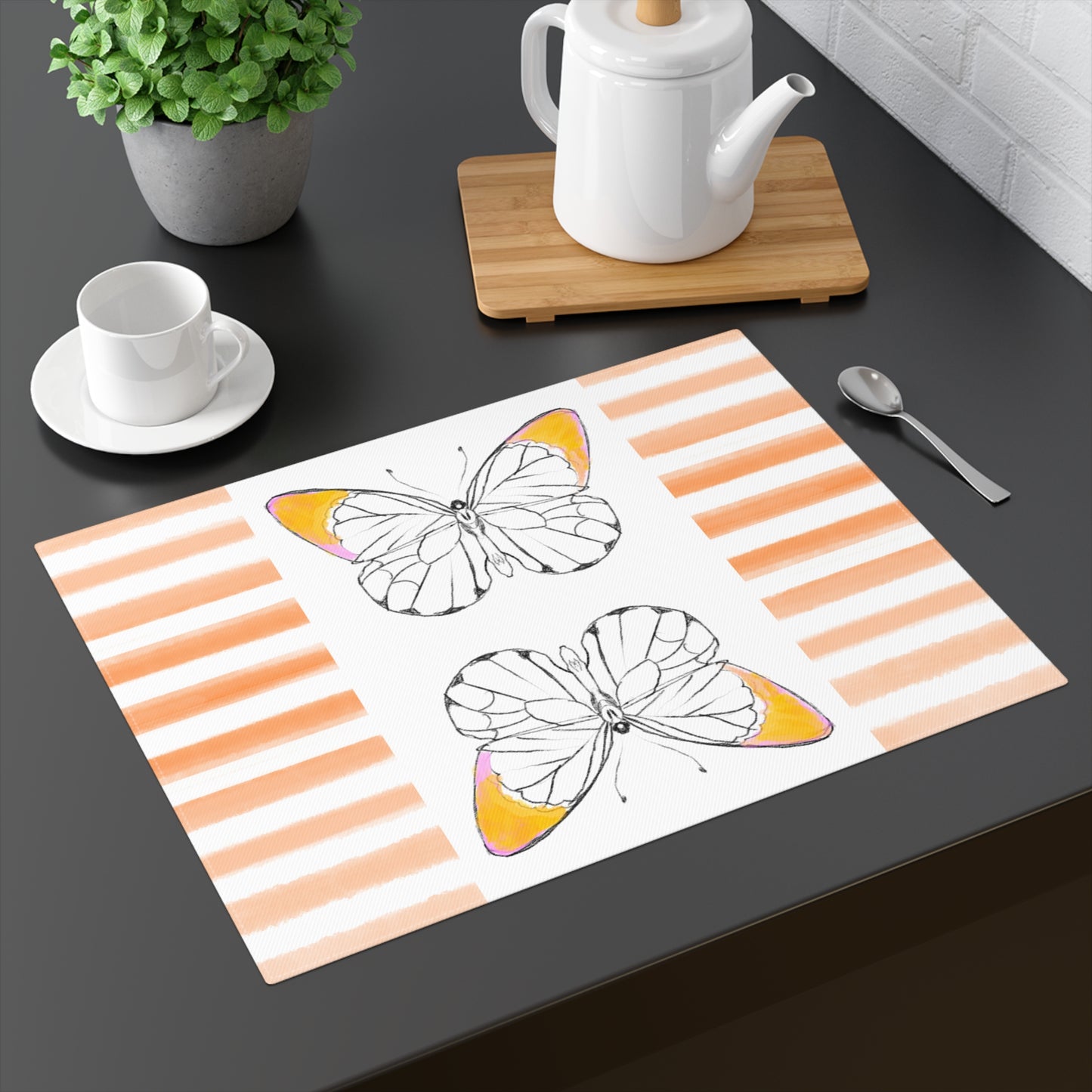 Butterfly Chroma Stripe Placemat, 1pc, Orange, Cotton(Fabric Background Creamy White)
