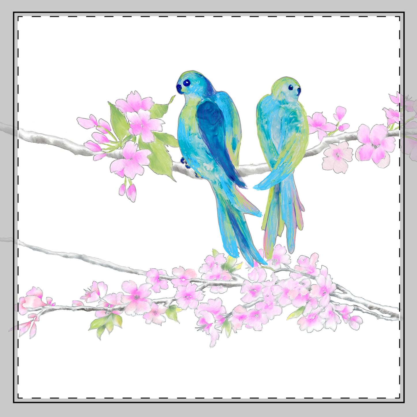 Blossoms & Birds in Blue Poly Twill Napkin, Background Fabric Bright White