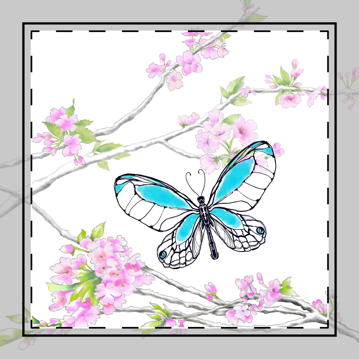 Butterfly Blossom Romp Cotton Twill Napkin , Aqua , Fabric Background Creamy White, #3