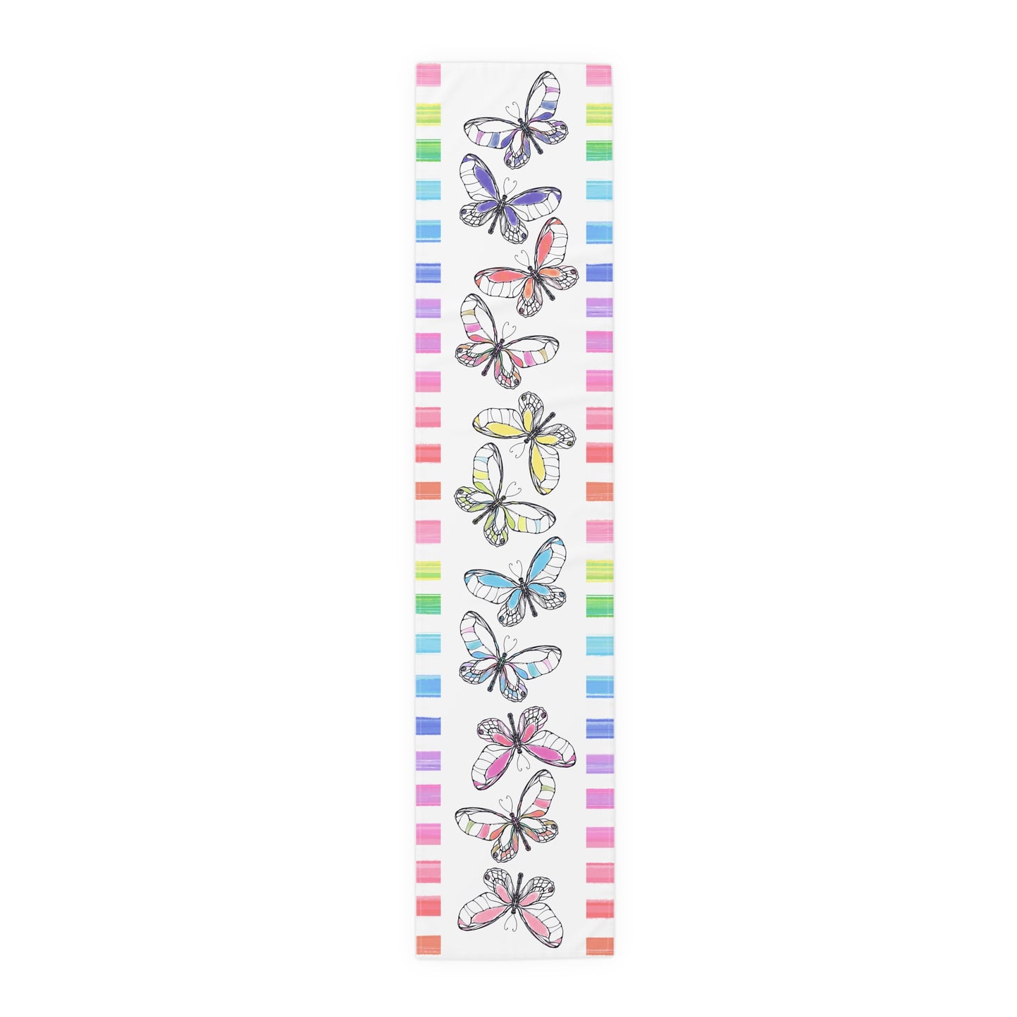 Butterfly Flutterstripe Table Runner in Multi-color with Checked Border 1 size ( 16" Γ 72") available in Cotton "creamier" & Polyester "whiter"