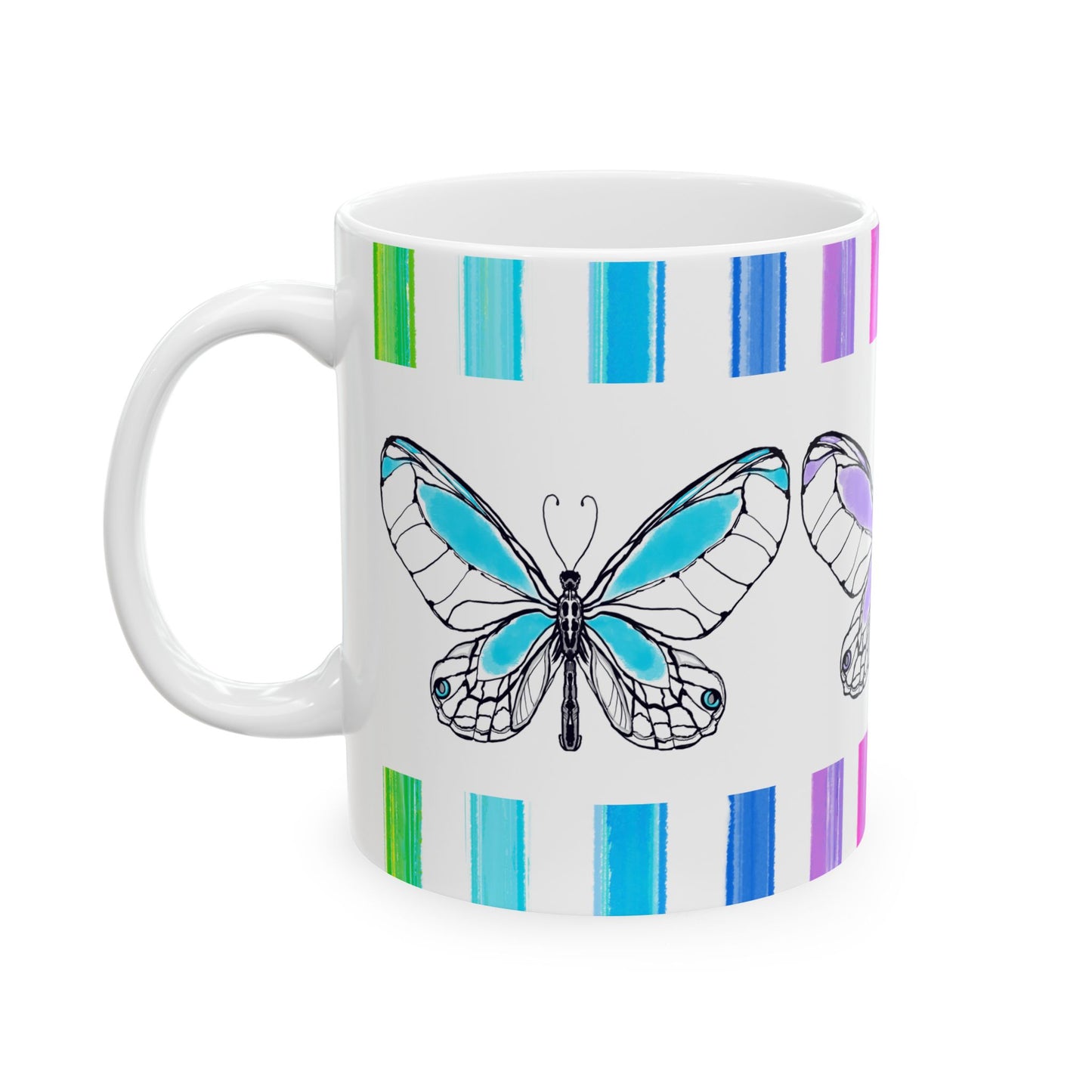 Butterfly Rainbow Stripe Ceramic Mug in Aqua, Lavender, and Yellow with Multi-color Striped Border, (Available in 2 sizes 11oz and 15oz)