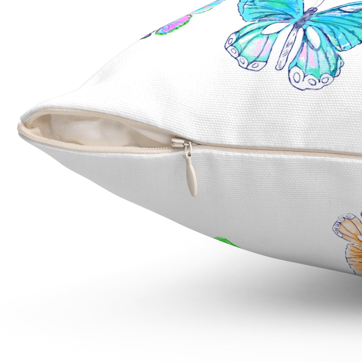 Dancing Tulips Butterflies Spun Polyester Square Pillow. Multi-Color Butterflies, Raspberry Tulip