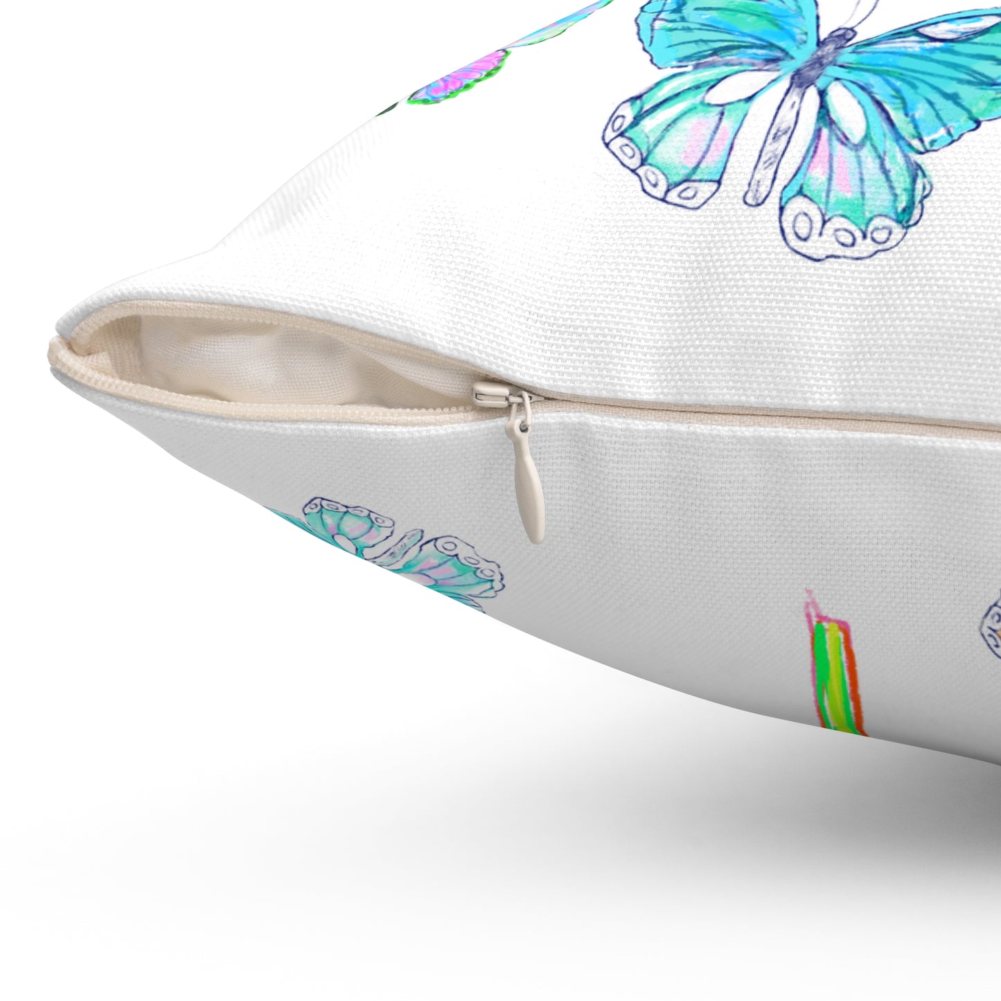 Dancing Tulips Butterflies Spun Polyester Square Pillow. Multi-Color Butterflies, Aqua Tulip