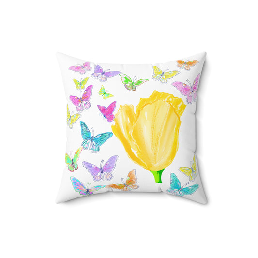 Dancing Tulips Butterflies Spun Polyester Square Pillow. Multi-Color Butterflies, Yellow Tulip