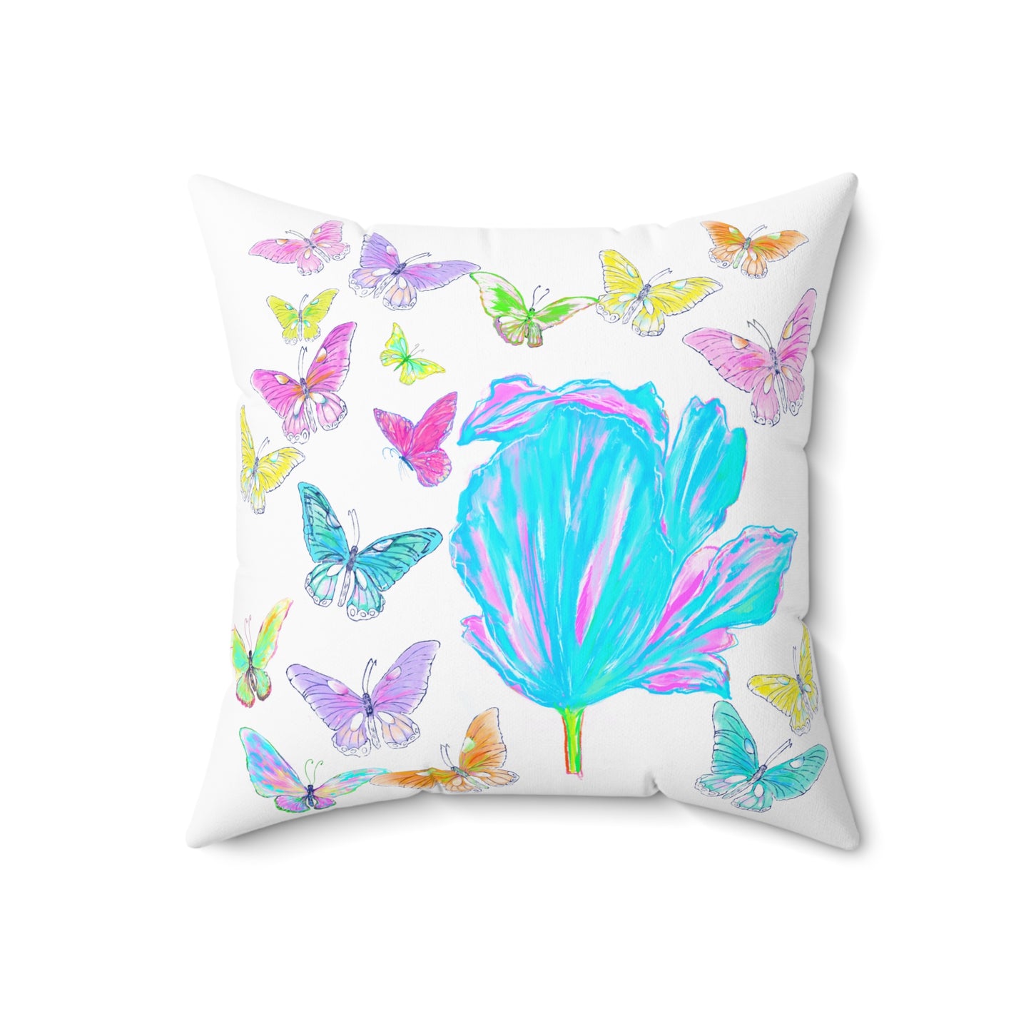 Dancing Tulips Butterflies Spun Polyester Square Pillow. Multi-Color Butterflies, Aqua Tulip