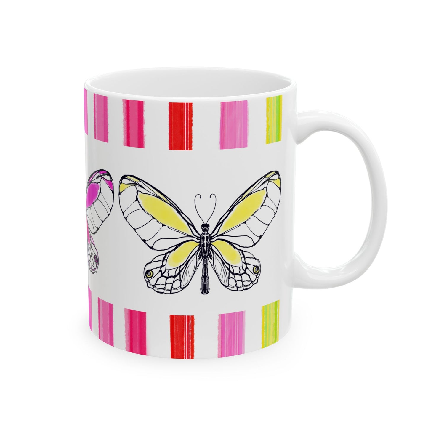 Butterfly Rainbow Stripe Ceramic Mug in Pink, Yellow, and Green with Multi-color Striped Border, (Available in 2 sizes 11oz and 15oz)