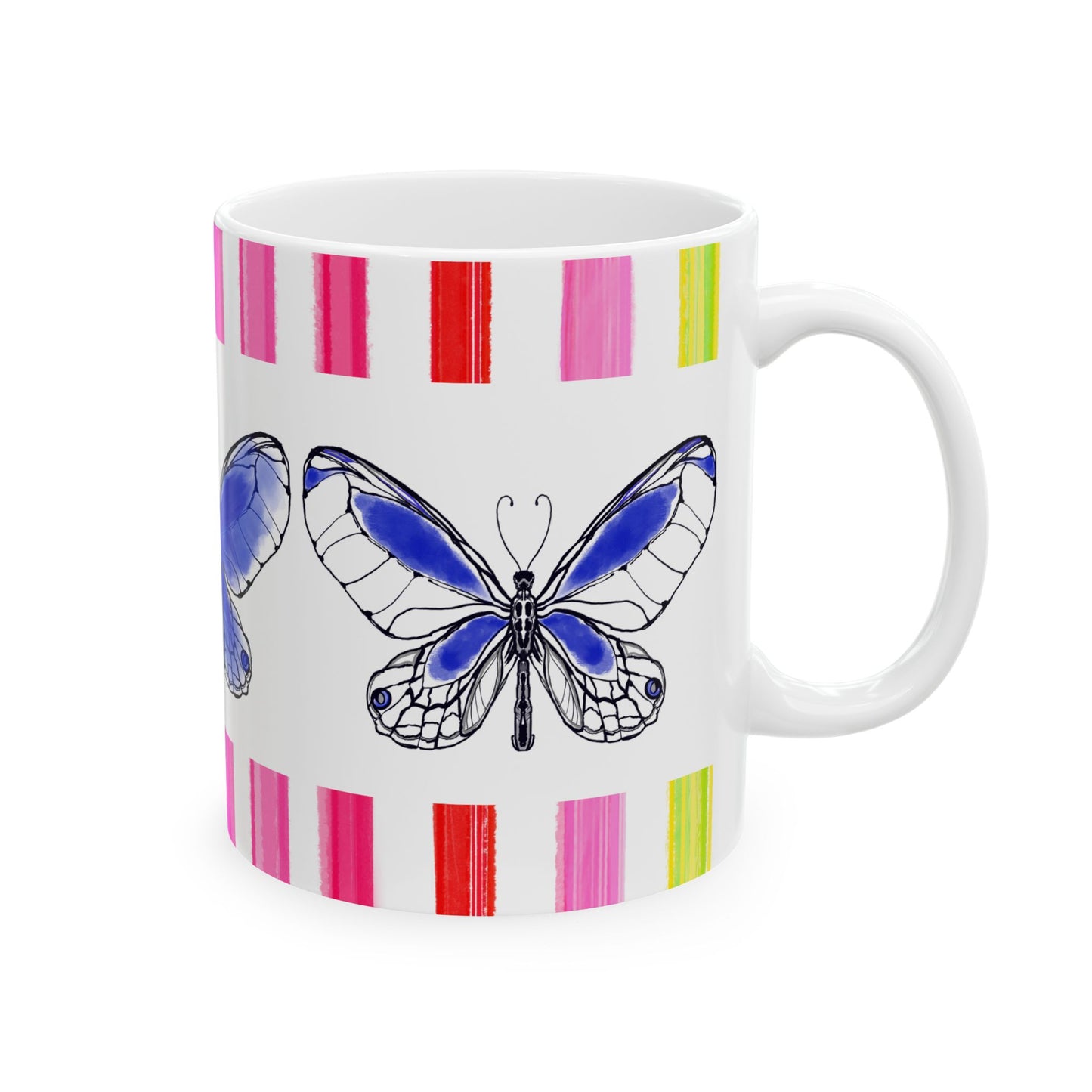 Butterfly Rainbow Stripe Ceramic Mug in Royal Blue with Multi-color Striped Border, (Available in 2 sizes 11oz and 15oz)