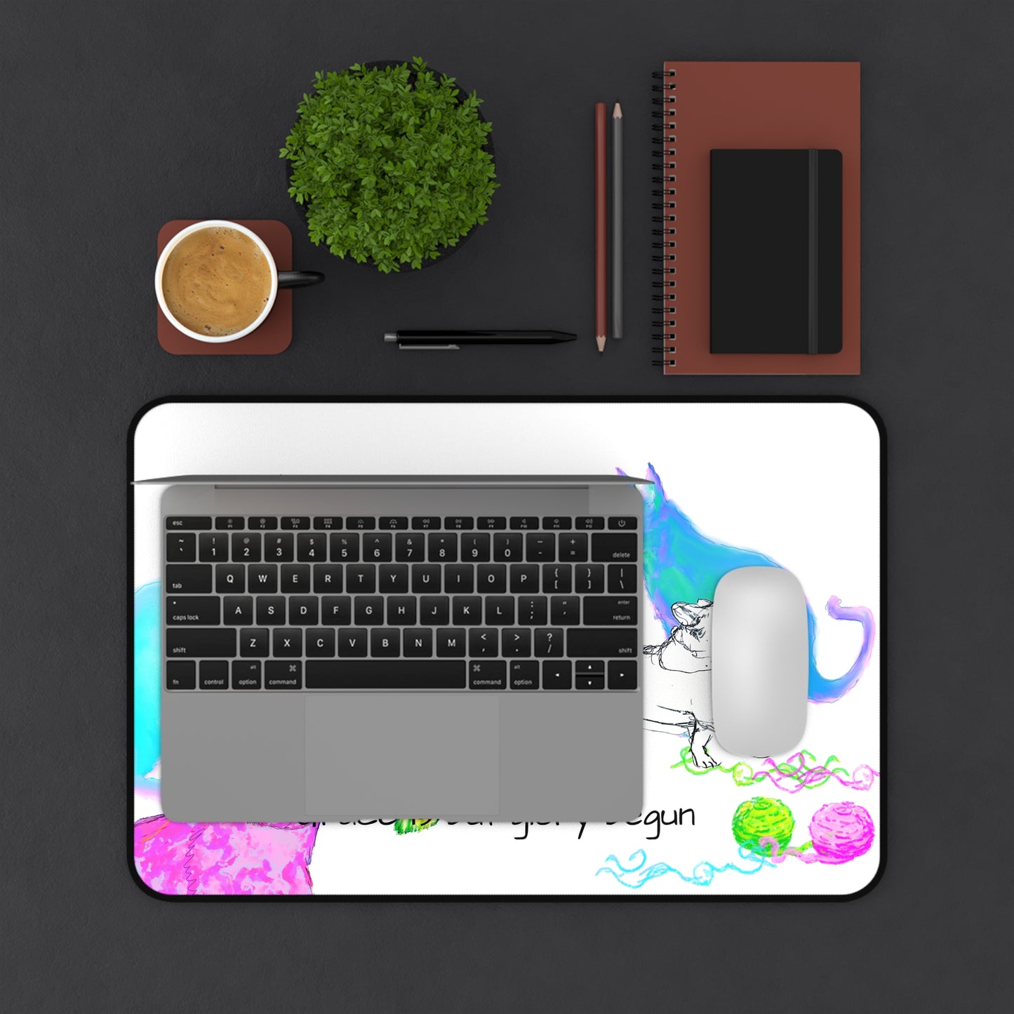 Colorful Cats and Dog Desk Mat "Grace is but glory begun"