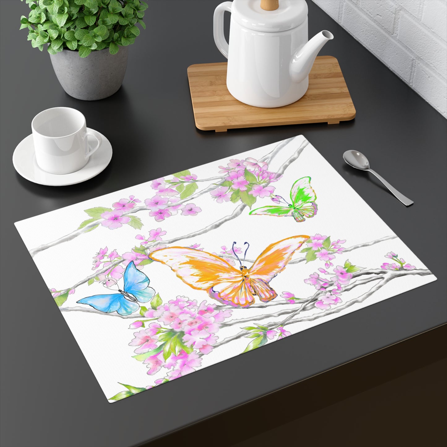 Butterfly Blossom Whirl Cotton Placemat, 1pc Orange, Background color creamier white, #2