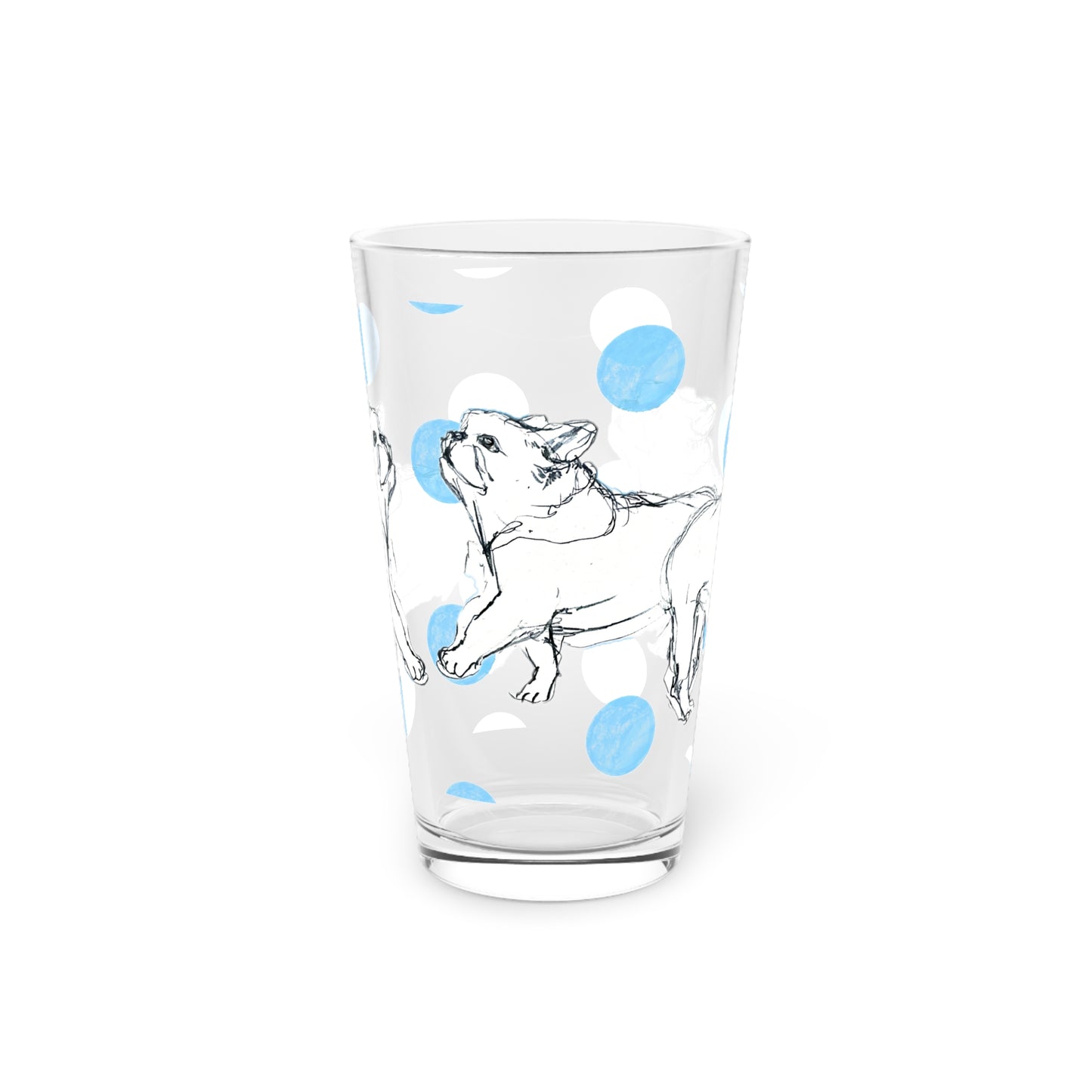 Dogi Fun and Polka Dots Pint Glass in Blue, French Bulldog, 16oz
