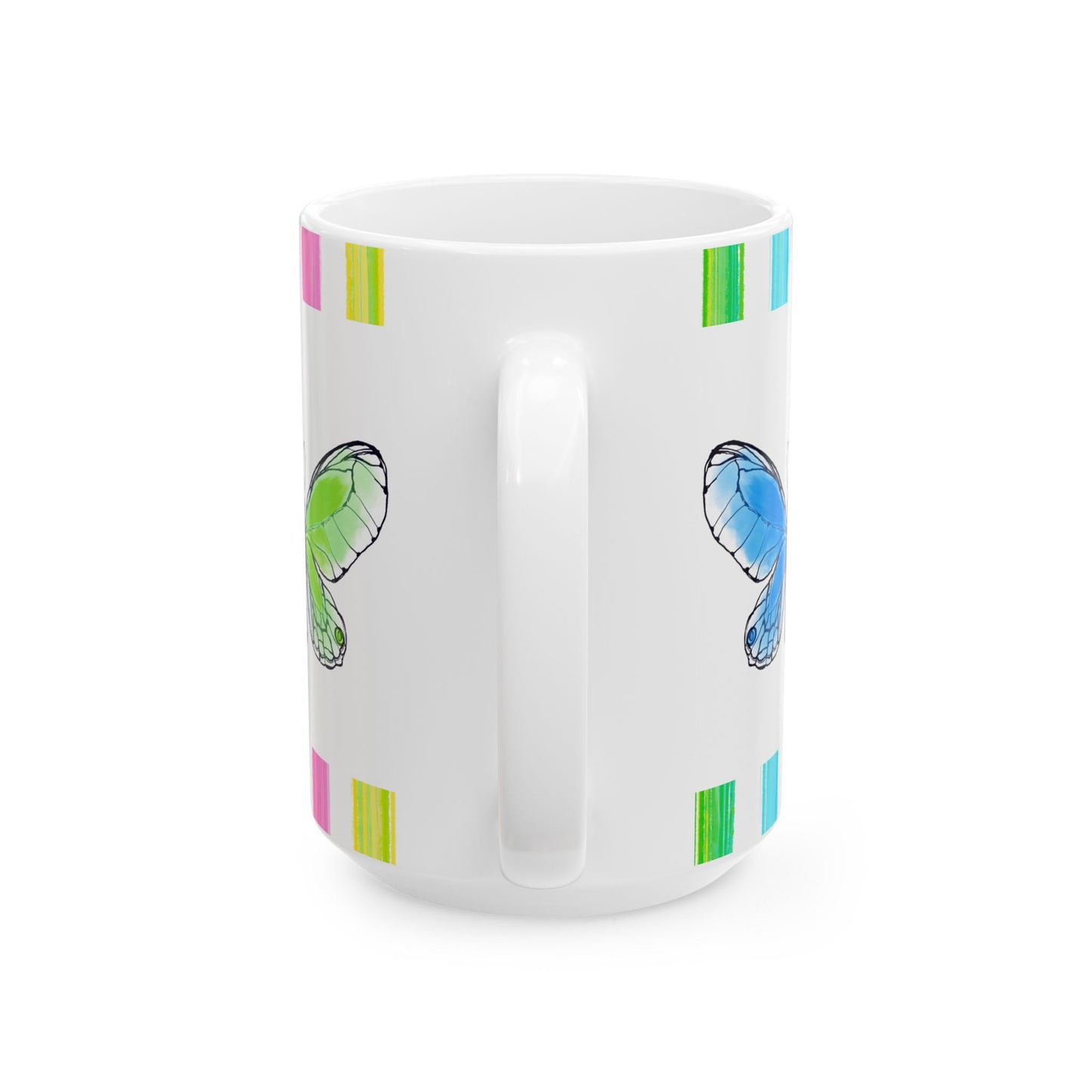 Butterfly Rainbow Stripe Ceramic Mug in Blue, Pink, and Green with Multi-color Striped Border, (Available in 2 sizes 11oz and 15oz)