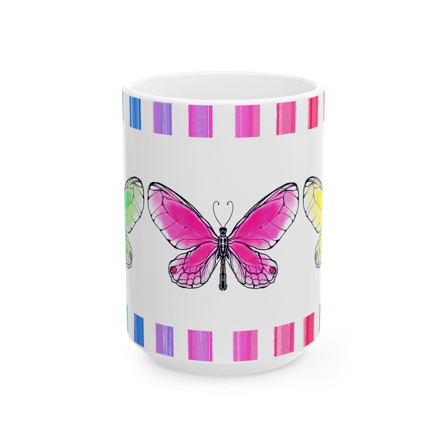 Butterfly Rainbow Stripe Ceramic Mug in Pink, Yellow, and Green with Multi-color Striped Border, (Available in 2 sizes 11oz and 15oz)