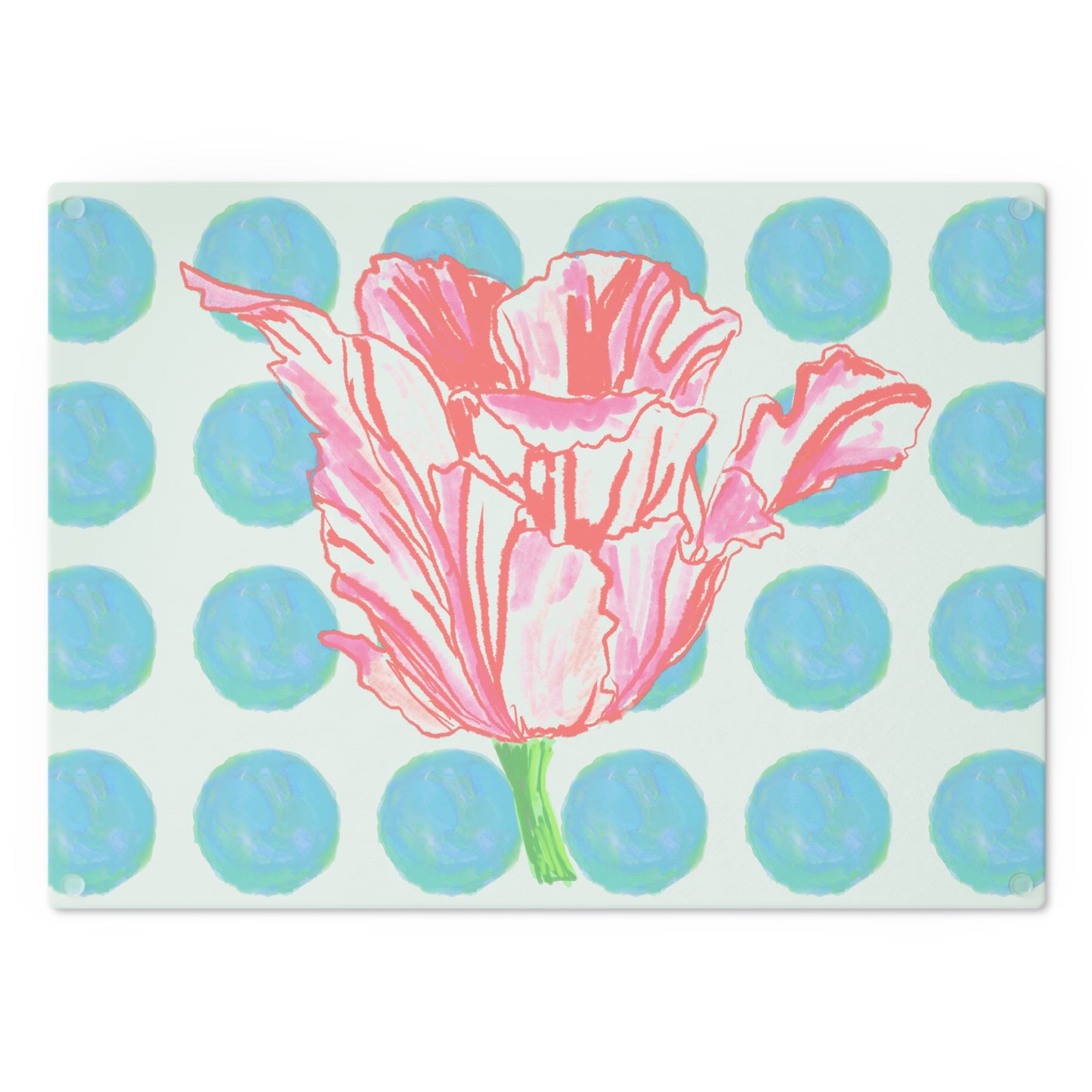 Dancing Tulips Cutting Board, Aqua Polka Dots