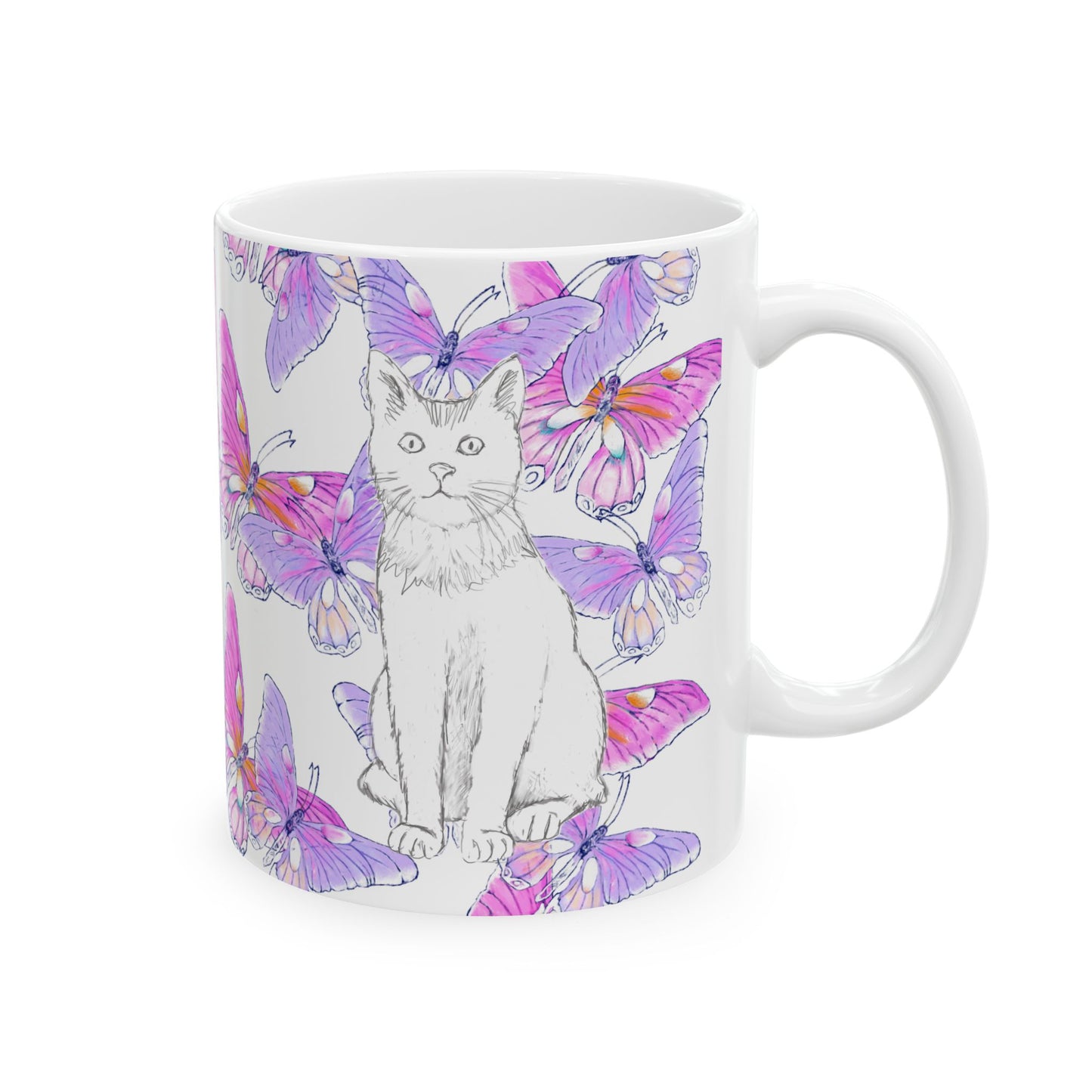 Kitty Flutter Ceramic Mug, Pink/Lavender, (11oz, 15oz)
