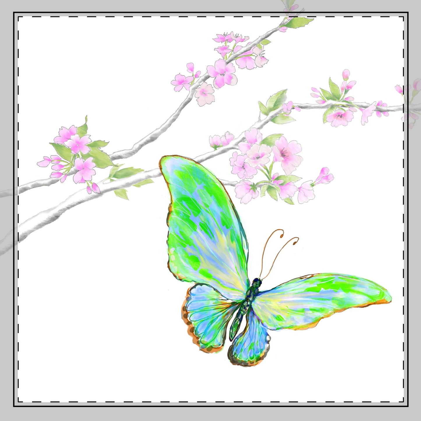 Butterfly Blossom Glide Cotton Twill Napkin in Green and Blue , Creamier White, #6