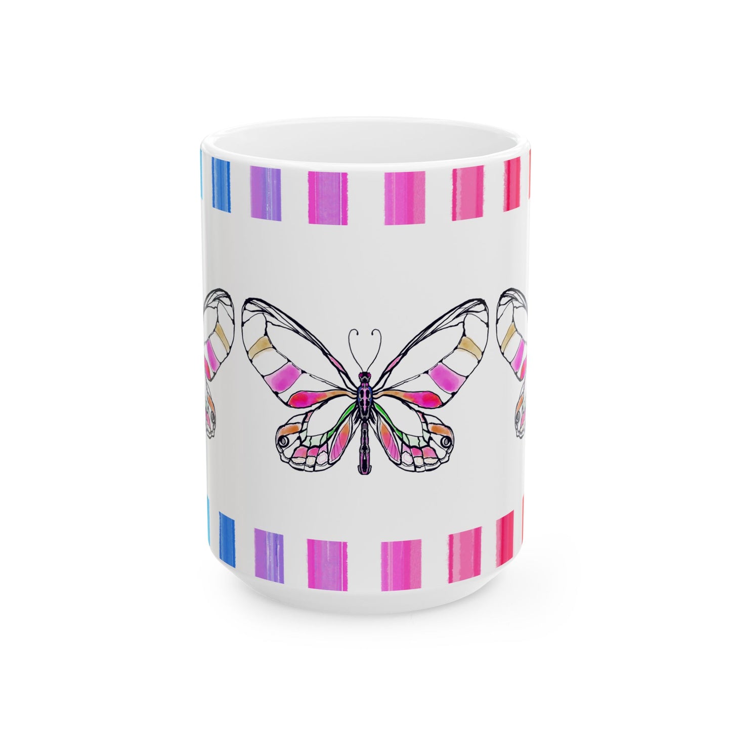 Butterfly Rainbow Stripe Ceramic Mug in Pink with Multi-color Striped Border, (Available in 2 sizes 11oz and 15oz)
