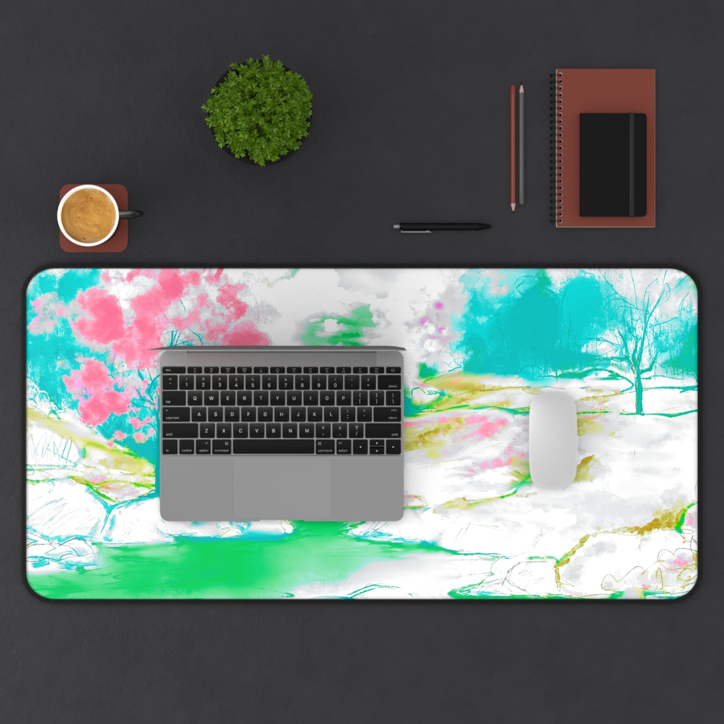 Joyful Landscapes Desk Mat, Aqua, Green, Raspberry