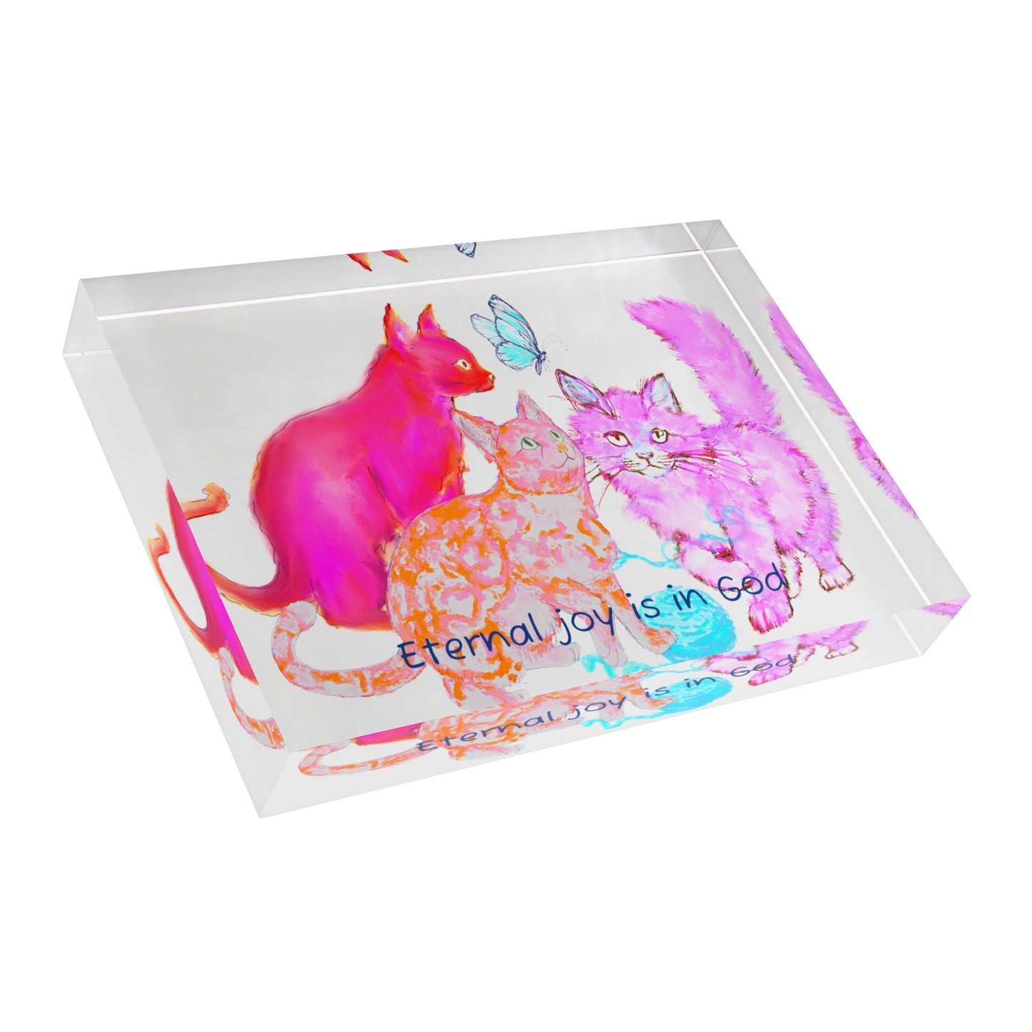 Colorful Cats & Dogs Acrylic Art Block Raspberry, Orange, and Pink "Eternal joy is in God"