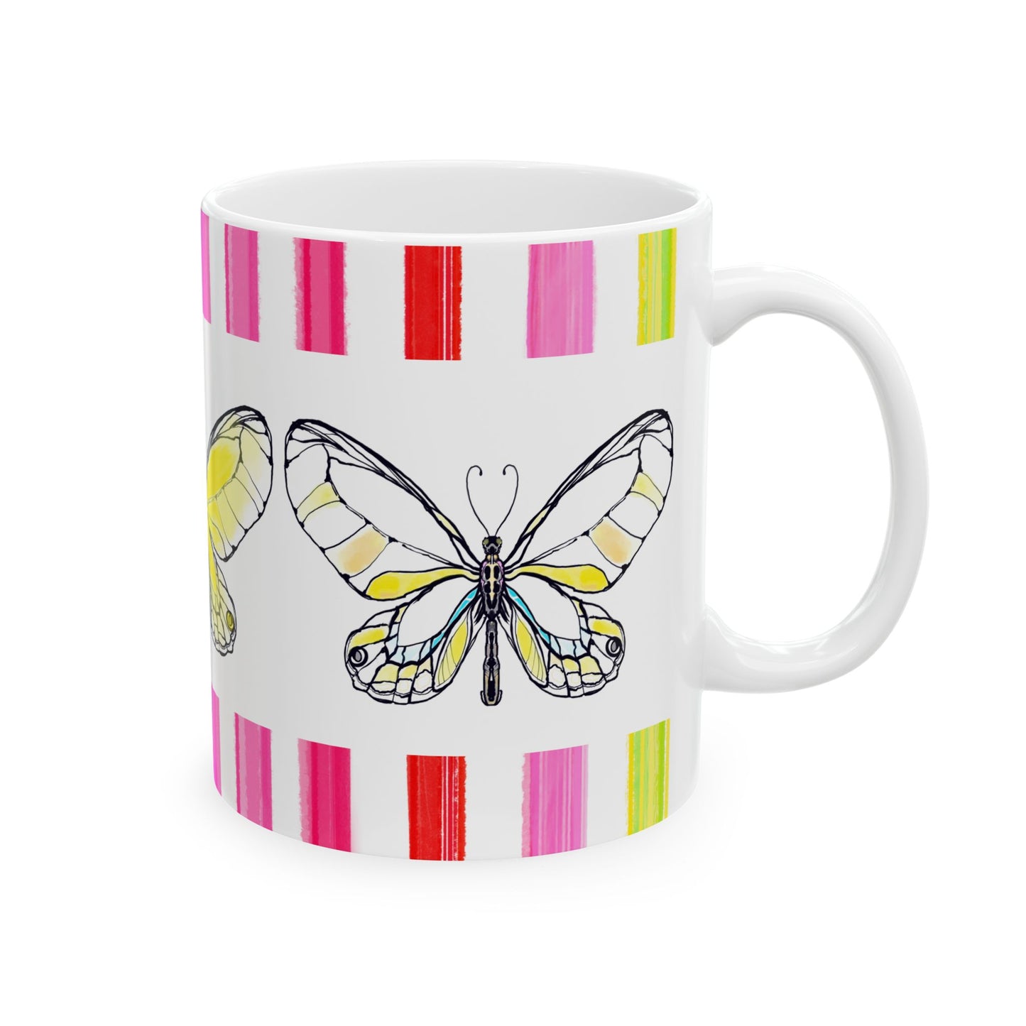 Butterfly Rainbow Stripe Ceramic Mug in Yellow with Multi-color Striped Border, (Available in 2 sizes 11oz and 15oz)