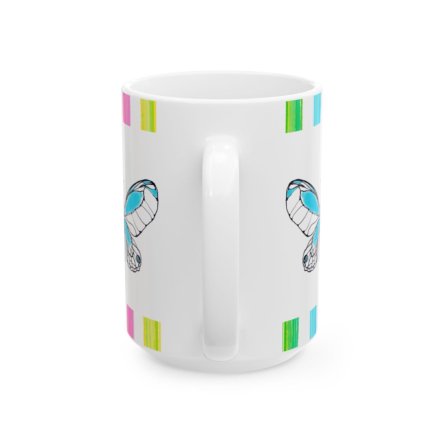Butterfly Rainbow Stripe Ceramic Mug in Aqua with Multi-color Striped Border, (Available in 2 sizes 11oz and 15oz)