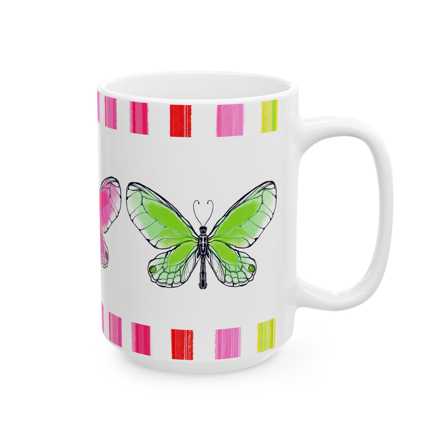Butterfly Rainbow Stripe Ceramic Mug in Blue, Pink, and Green with Multi-color Striped Border, (Available in 2 sizes 11oz and 15oz)