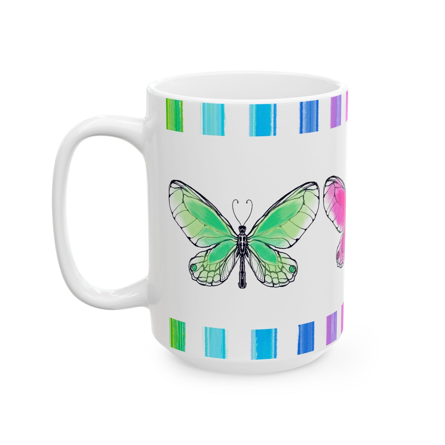 Butterfly Rainbow Stripe Ceramic Mug in Pink, Yellow, and Green with Multi-color Striped Border, (Available in 2 sizes 11oz and 15oz)