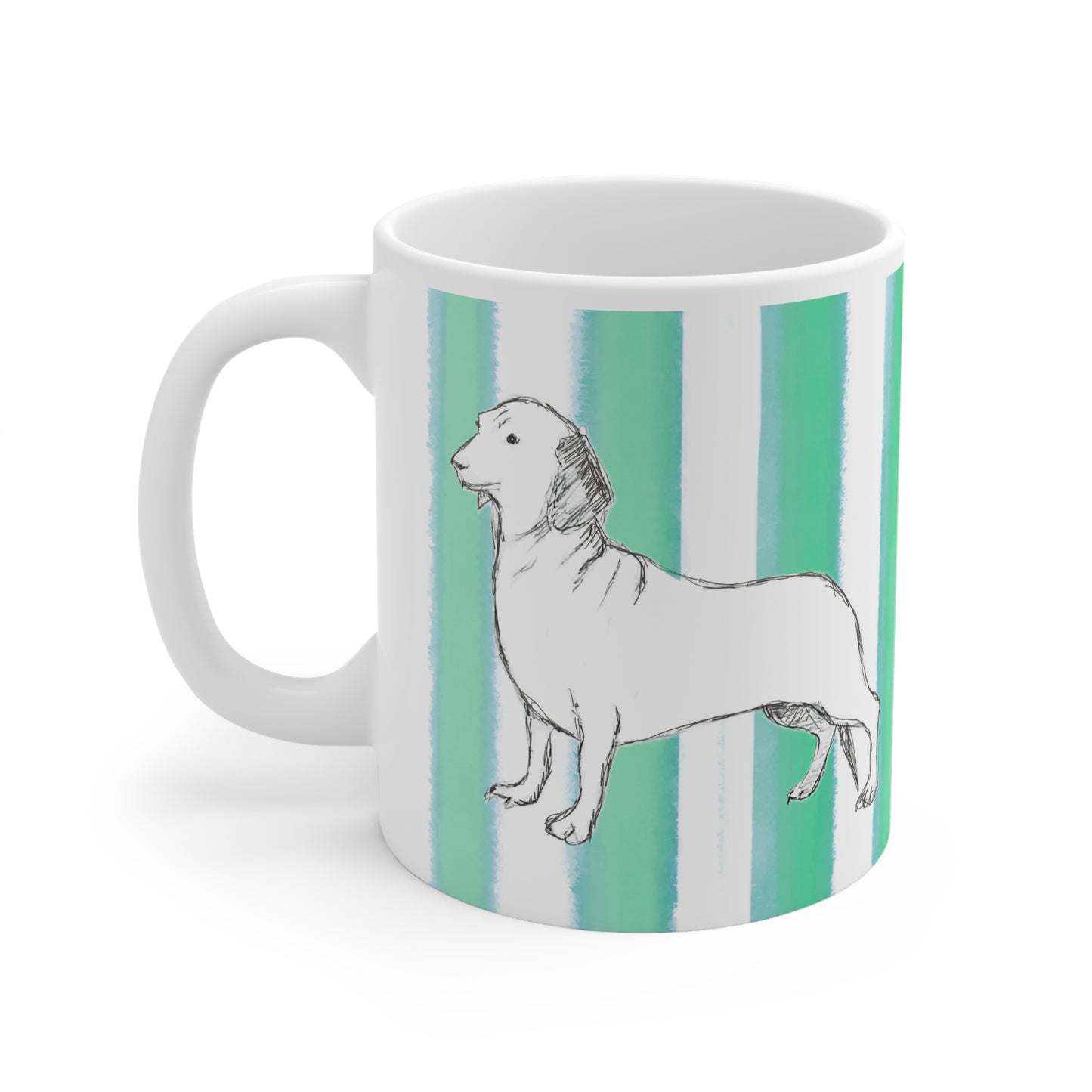 Dogi Fun Ceramic Mug Green Aqua Stripes Dachshunds
