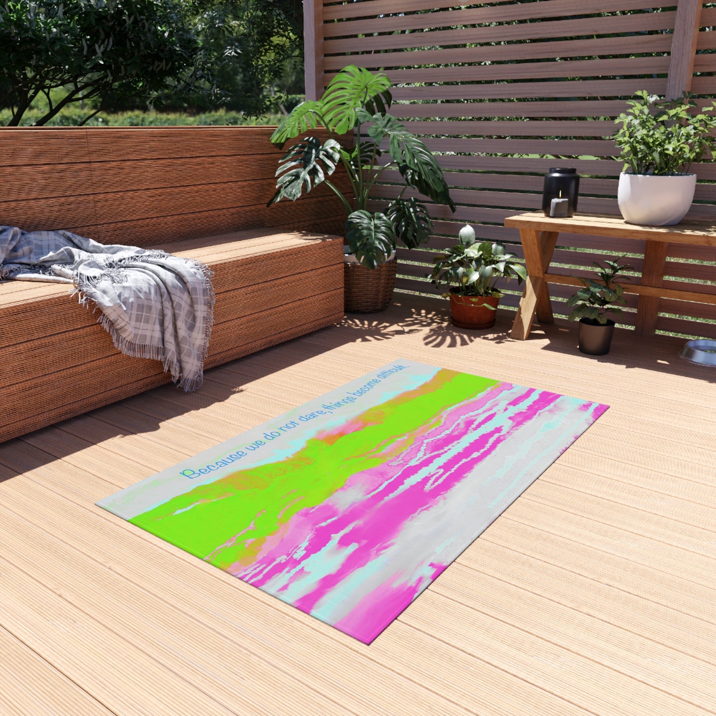 Inspirational Landscapes Indoor/Outdoor Rug "Because We Do Not Dare, Life Becomes Difficult" Green and Raspberry