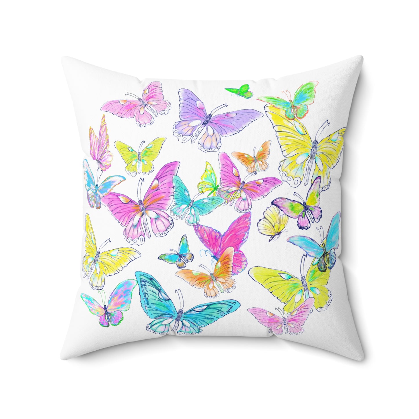 Dancing Tulips Butterflies Spun Polyester Square Pillow. Multi-Color Butterflies,  Raspberry Tulip