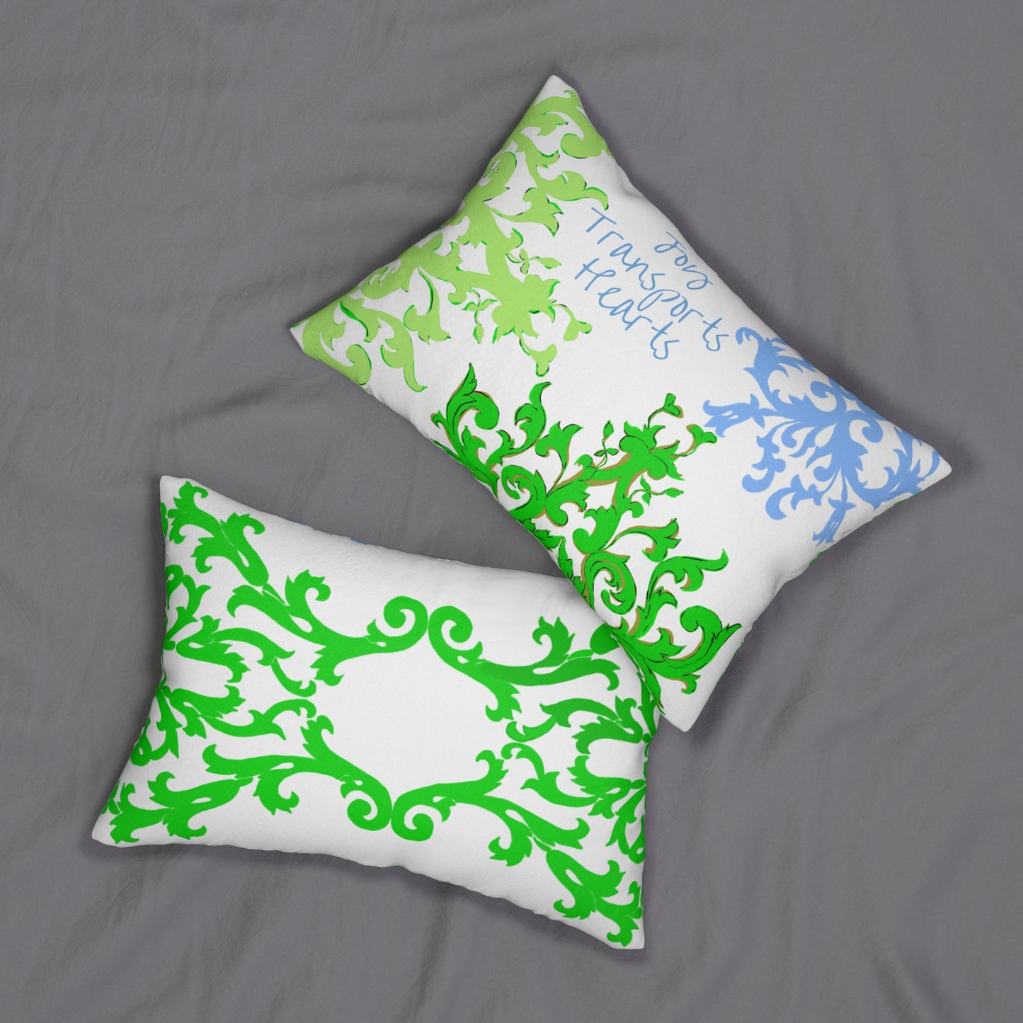 Scrollwork Spun Polyester Lumbar Pillow "Joy Transports Hearts"