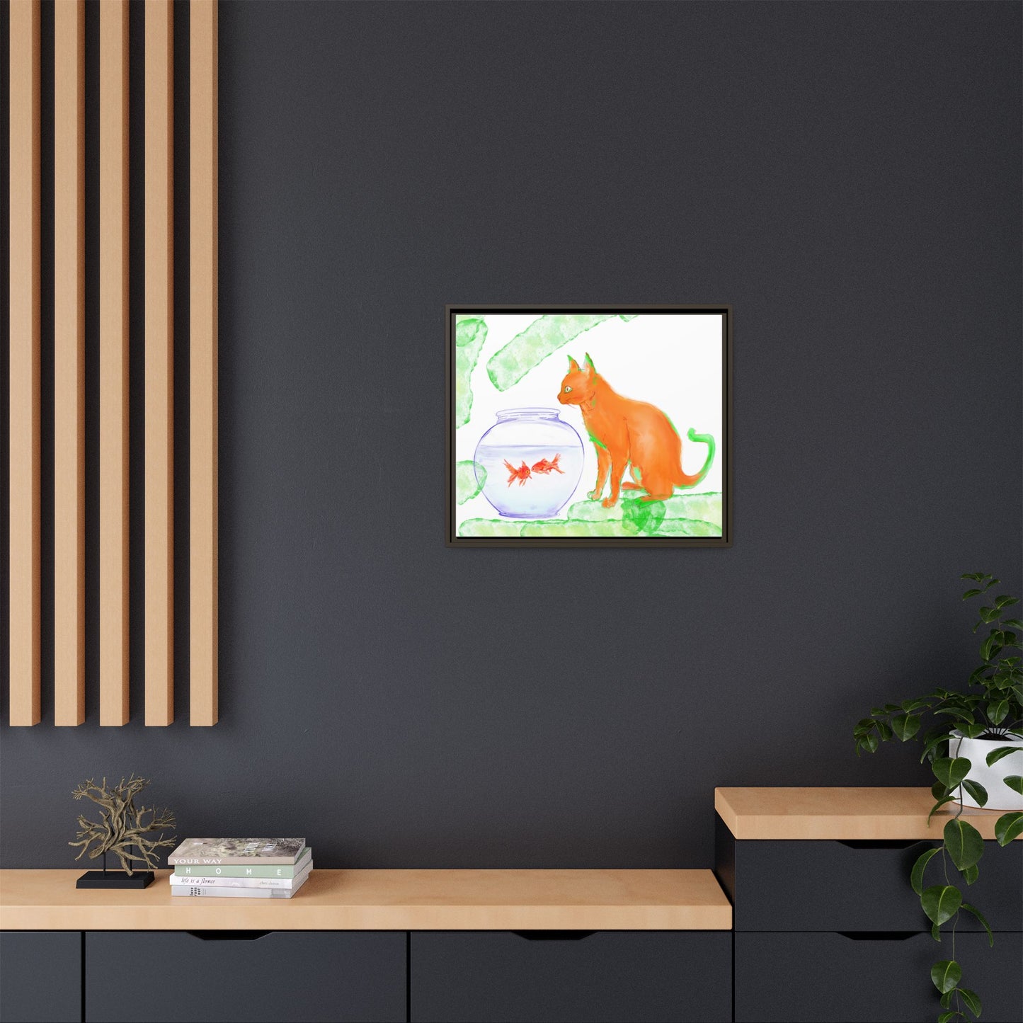 Wall Art Colorful Cat and Fish Bowl Matte Canvas Framed white