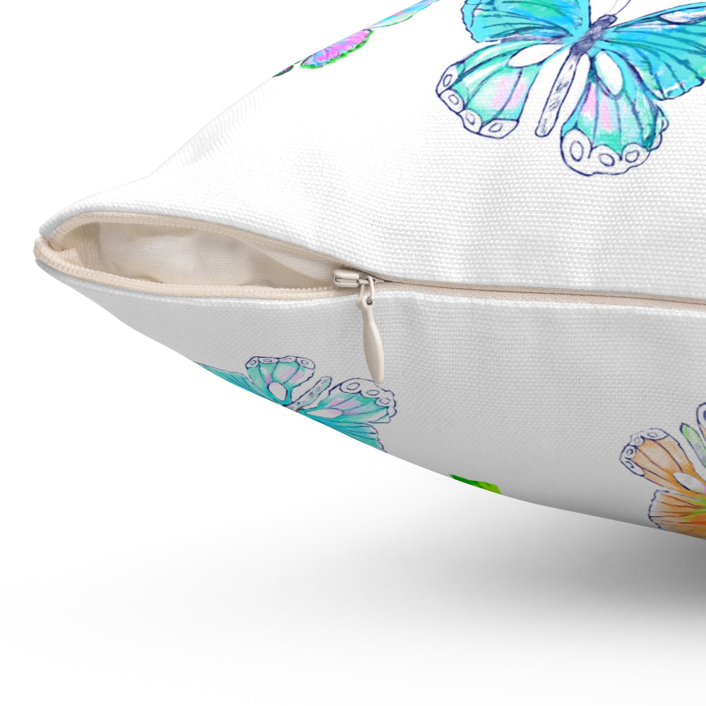 Dancing Tulips Butterflies Spun Polyester Square Pillow. Multi-Color Butterflies, Yellow Tulip