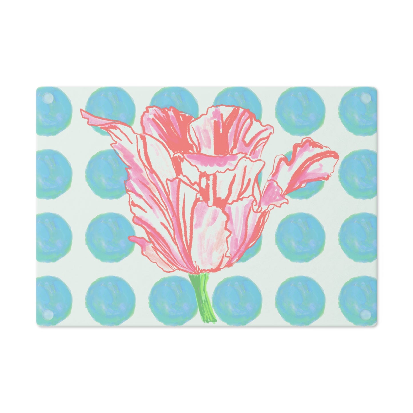 Dancing Tulips Cutting Board, Aqua Polka Dots