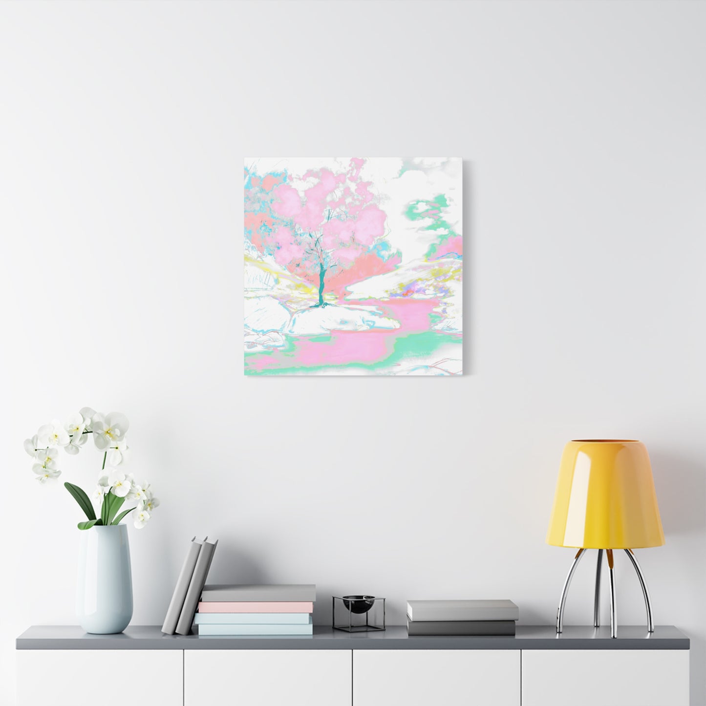 Joyful Landscape Matte Canvas, Stretched, 1.25" Light Pink. Mint Green