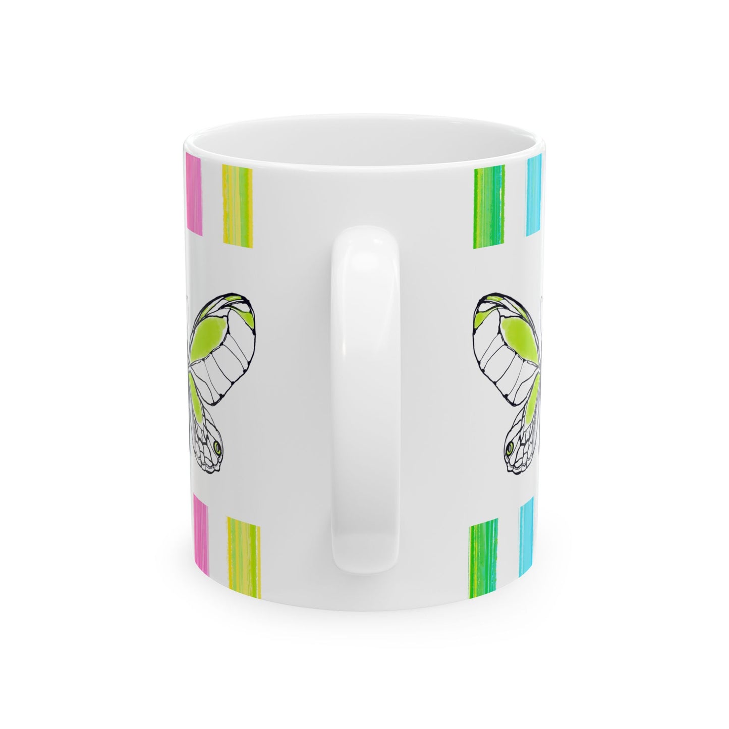 Butterfly Rainbow Stripe Ceramic Mug in Lime with Multi-color Striped Border, (Available in 2 sizes 11oz and 15oz)