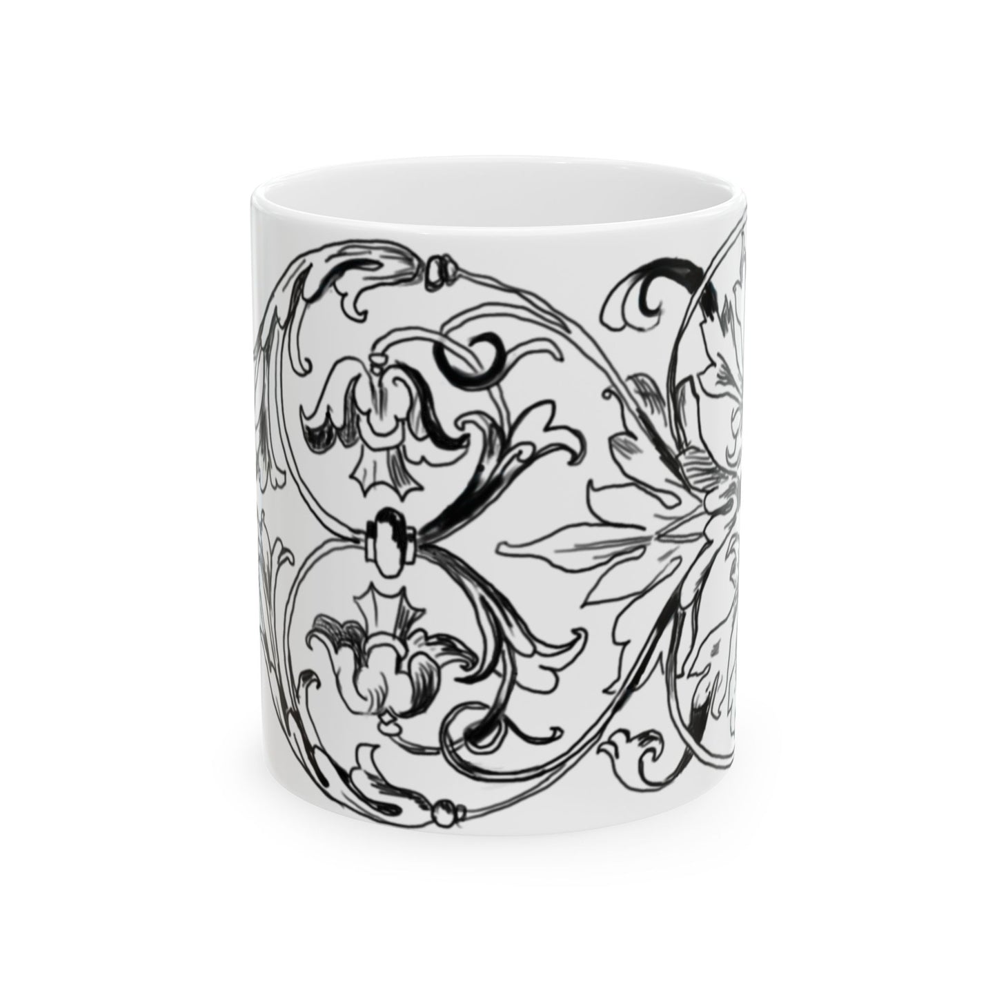 Scrollwork Ceramic Mug Black and White "Sin will keep us from..."