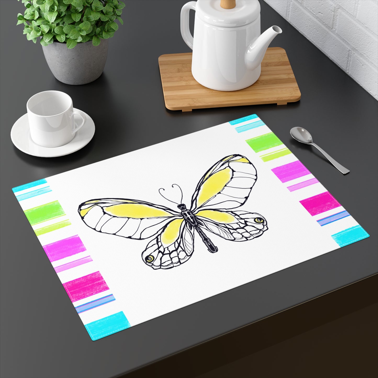 Butterfly Flutterstripe Placemat in Yellow with Multi-color Stripe Border (1 pc) cotton