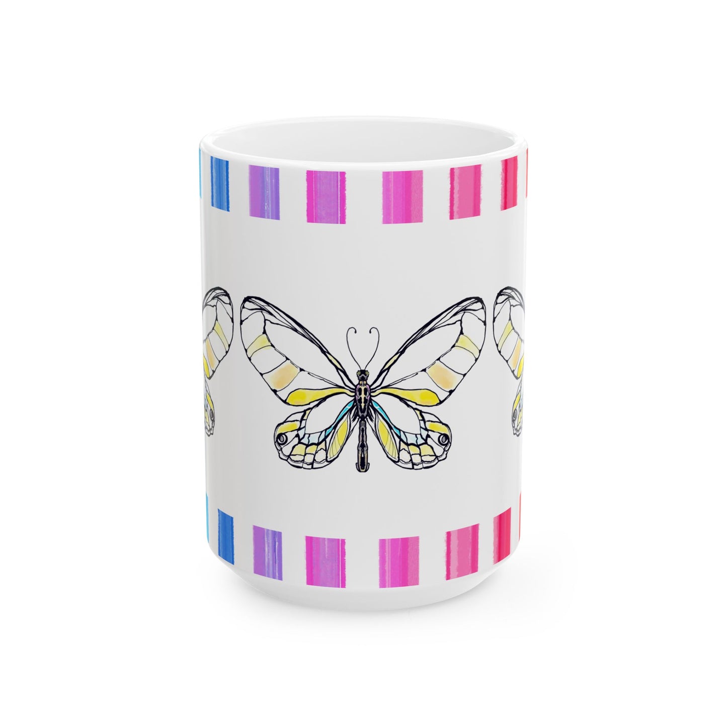 Butterfly Rainbow Stripe Ceramic Mug in Yellow with Multi-color Striped Border, (Available in 2 sizes 11oz and 15oz)