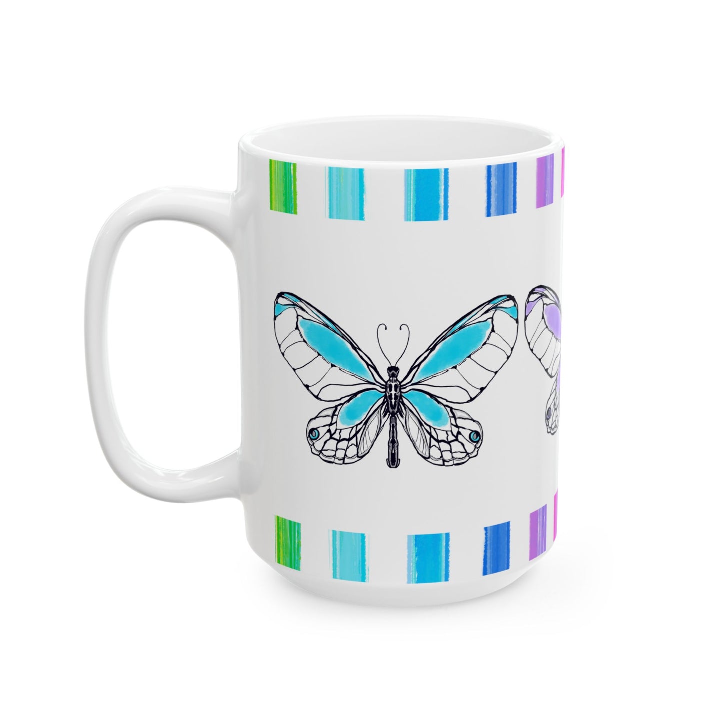 Butterfly Rainbow Stripe Ceramic Mug in Aqua, Lavender, and Yellow with Multi-color Striped Border, (Available in 2 sizes 11oz and 15oz)