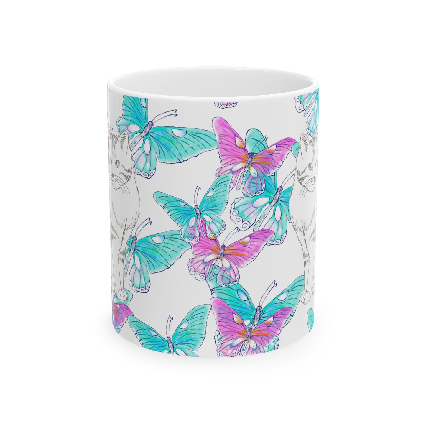 Kitty Flutter Ceramic Mug, Pink/Aqua, (11oz, 15oz)
