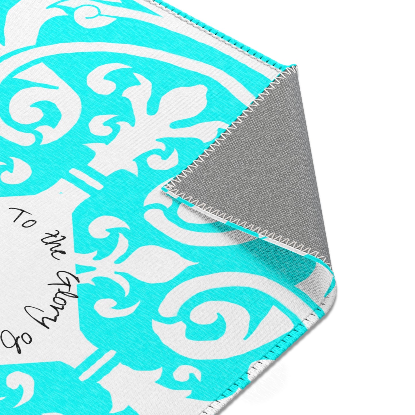Scrollwork Indoor/Outdoor Rug Aqua "Soli Deo Gloria..."