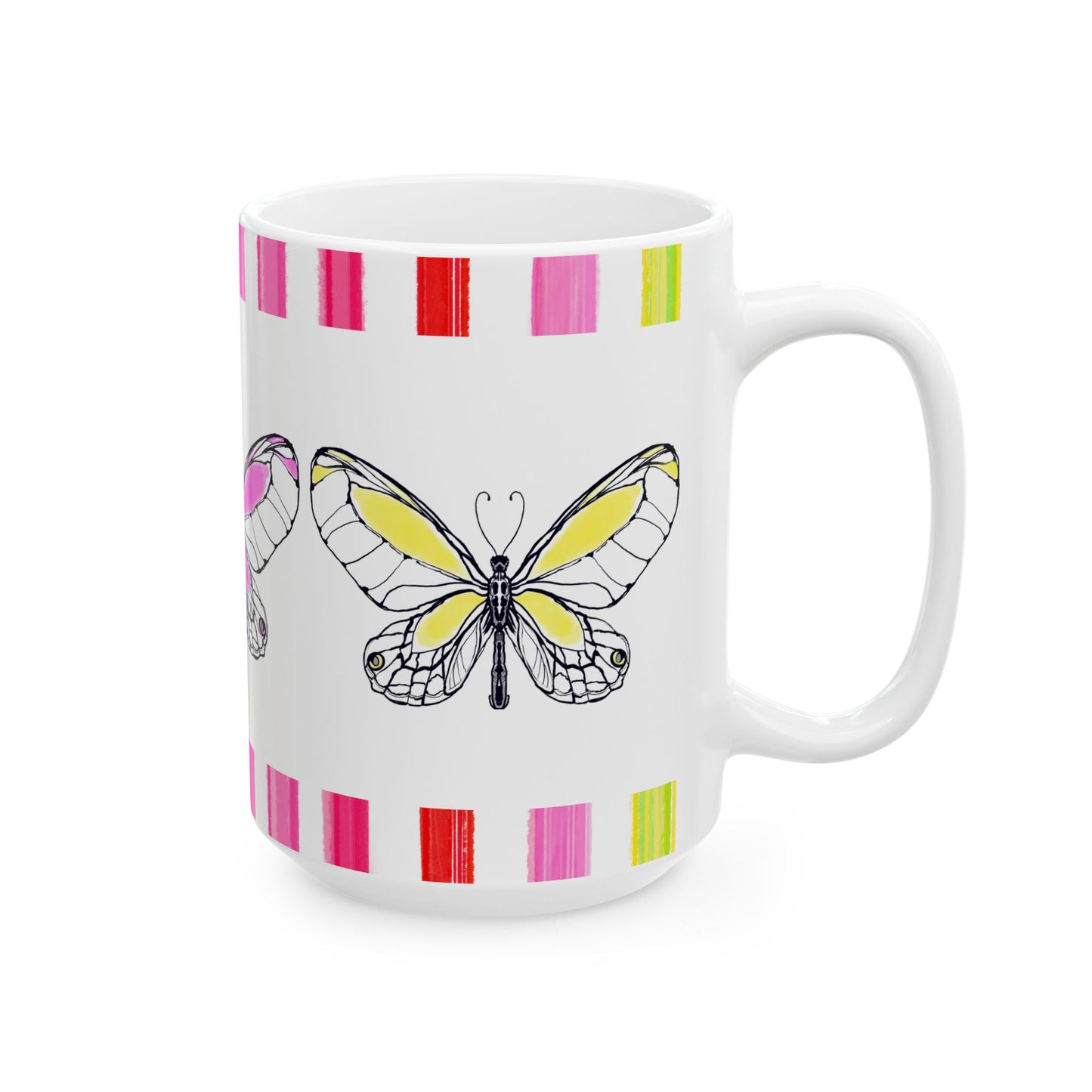Butterfly Rainbow Stripe Ceramic Mug in Blue, Pink, and Yellow with Multi-color Striped Border, (Available in 2 sizes 11oz and 15oz)